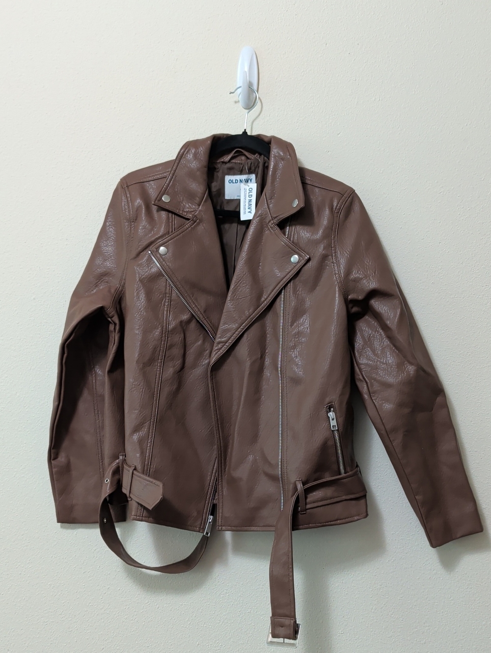 Old Navy Brown Faux Leather Biker Jacket with Waist Belt